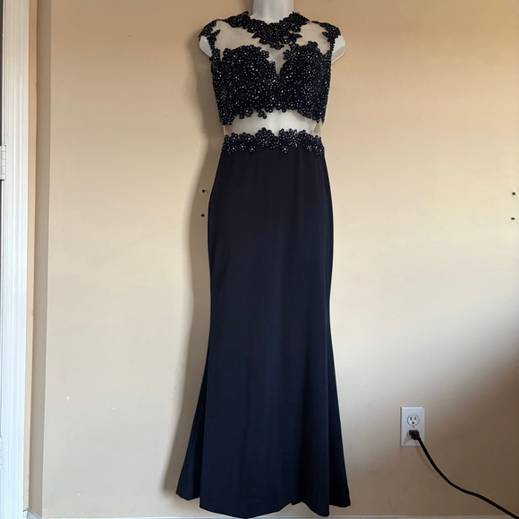Jovani Mesh Stud Embellished Navy Nude Prom Dress Size 2 Petite - Picture 5 of 13